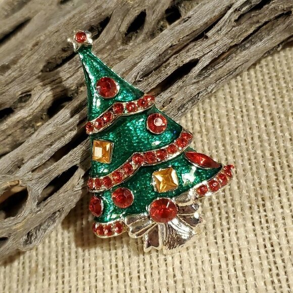Christmas Tree Red Green Silver Rhinestone Enamel Sweater Pin Brooch - Picture 1 of 5